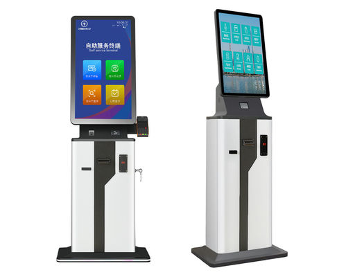 Pos カード リーダー スロットの金銭登録機の請求書が付いているキオスクのセルフ サービス チェック